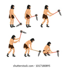 Set of vector figures of primitive man with stone ax (hoe). Vector illustration isolated on white background