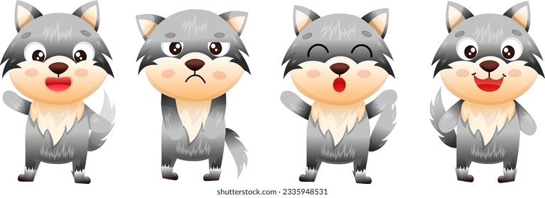 Set of vector figures of wolves with emotions: joy, sadness, happiness. Vector characters. on a white background.