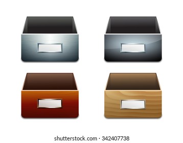 Set of vector File Cabinets for Documents. Metal and wooden boxes. Vector illustration
