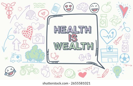 A set of vector files with doodle-style backgrounds featuring health and wellness concepts.