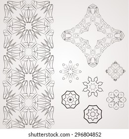 Set of vector filigree star, flowers, borders, frames and brushes of various women's shoes.