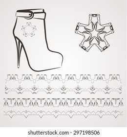 Set of vector filigree star, flowers, borders, frames and brushes of various women's shoes.