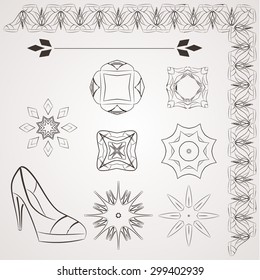 Set of vector filigree star, flowers, borders, frames and brushes of various women's shoes.