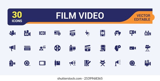 Set of vector filled icons for film. Sign and symbols in flat design cinema and movies with elements for mobile concepts and web apps. Collection modern infographic logo and pictogram.