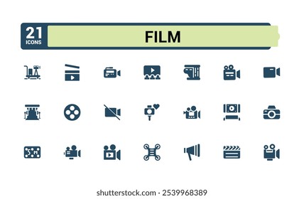 Set of vector filled icons for film. Sign and symbols in flat design cinema and movies with elements for mobile concepts and web apps. Collection modern infographic logo and pictogram.