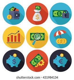 Set of vector finance and banking icons. Isolated and round elements.