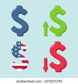 Set of Vector financial dollar currency sign icon. The US dollar sign is blue, green, red and textured to an American flag. Illustration of dollar money symbol in flat minimalism style.