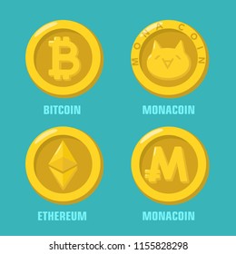 Set vector financial icon coin with electronic currency sign: cryptocoin Bitcoin: MonaCoin currency: Ethereum digital currency: