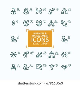 Set of vector fine line icons, collection of business people icons, personnel management, agreement, handshake, leader and his team, communication, subordination. 32x32 and 16x16 pixel perfect