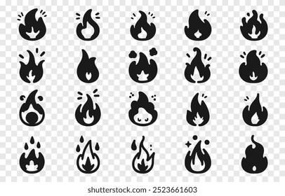 Conjunto de iconos de fuego de Vector png. Icono de fuego sobre fondo transparente aislado. Fuego de diferentes Formas en estilo de dibujos animados.