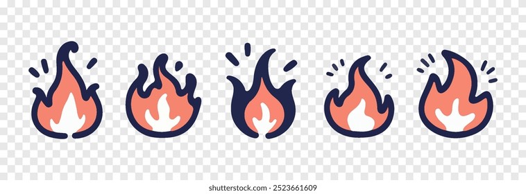 Set of vector fire icons png. Fire icon on isolated transparent background. Fire of different shapes in cartoon style.