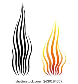 Set of vector fire images. Isolated design element. Bright flame. Black silhouette of flame. Long tongues of flame.