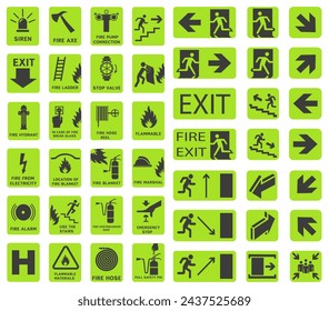 Set of vector fire symbols, emergency exit sign. Fire signs. Fire alarm sign. ESP 10.