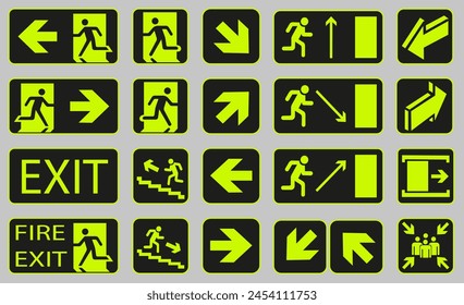 Set of vector fire symbols, emergency exit sign. Fire signs. Fire alarm sign. ESP 10.