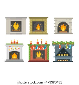Set of vector fireplace icons and fireplace design