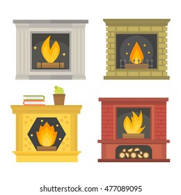 Set of vector fireplace icons and fireplace design