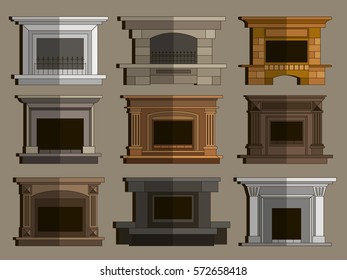 Set of vector fireplace icons and fireplace design