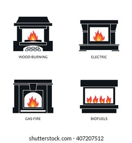 Set of vector fireplace icons. Wood burning, electric, gas, bio-fuel stove heater design collection. Flame silhouette collection