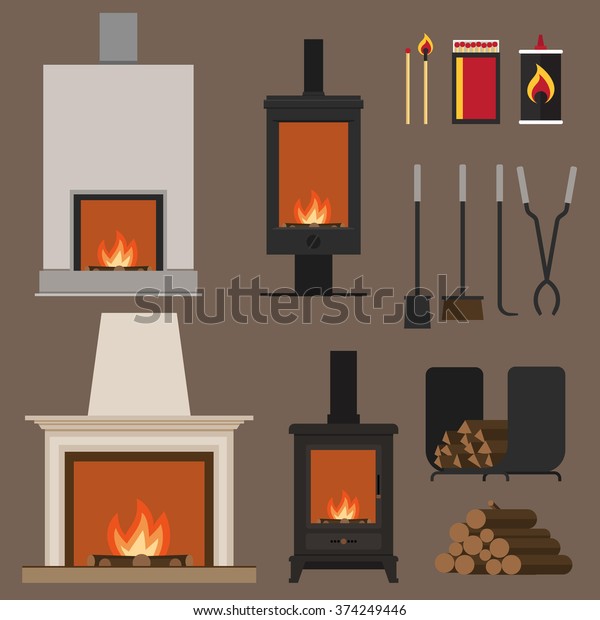 Set of vector fireplaces, with woods, tools and\
accessories. Flat style.
