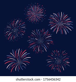 Set of vector firework design on dark blue background. Fourth of july independence day of the usa. USA flag color firework celebration