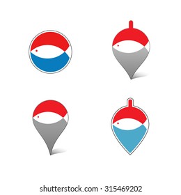 Set of vector fish and fishing icon in a flat style. Silhouette of fish in a circle and on the background of the float.
