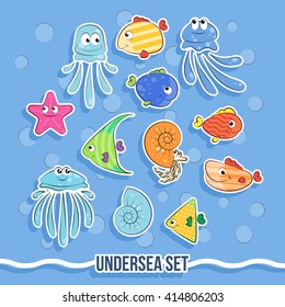 Set of vector fish and jellyfish. For children.