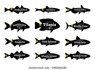 Set of vector fish label isolated on a white background. Fish silhouettes collection