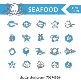 Set of vector fish and sea food line icons. Shrimp, oyster, squid, crab, ell, fugu, lobster, carp, sturgeon, jellyfish, octopus, turtle, starfish, coral, sell, seahorse and more. Editable Stroke.