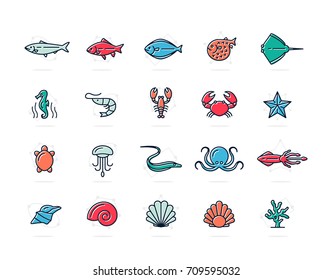 Set of vector fish and sea food colored line icons. Shrimp, oyster, squid, crab, ell, fugu, lobster, carp, sturgeon, jellyfish, octopus, turtle, starfish, coral, sell, seahorse and more. Editable