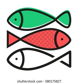 Set of vector fish silhouettes illustration. Colorful logo fish icons for your design.