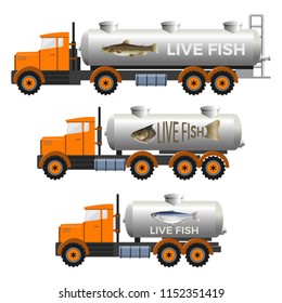 Set of vector fish tank trucks. Illustration isolated on white background