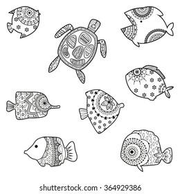 Set of vector fish, turtle. Black and white doodle hand drawn sketch. Zen tangle henna tattoo drawing.  Coloring book page for adults, children.