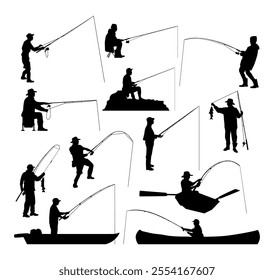 set of vector fisherman fishing silhouette