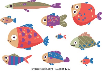 set of vector fishes. clipart cartoon illustration in childish style. images are isolated on white background.	