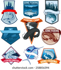 set of vector fishing emblem logo with catfish, carp, salmon fish, marlin, pikefish