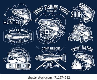 Set of vector fishing emblem with trout. 