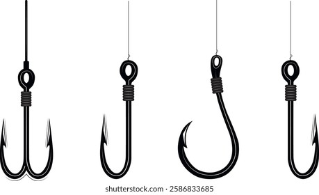 Set of vector fishing hook icon silhouette illustrations
