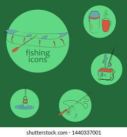 Set of vector fishing icons , on a green background and round substrates