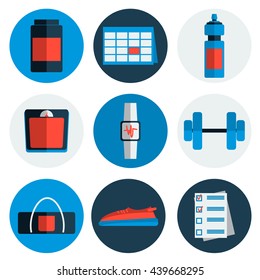 Set of Vector Fitness Aerobics Gym Elements and Icons. Flat style. Illustration can be used as Logo or Icon in premium quality