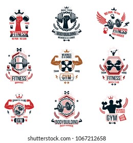 Set of vector fitness workout and weightlifting gymnasium theme logotypes and inspiring posters made using dumbbells, disc weights sport equipment and muscular athlete body silhouettes.