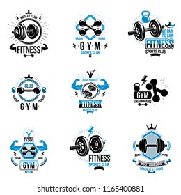 Set of vector fitness workout and weightlifting gymnasium theme logotypes and inspiring posters made using dumbbells, disc weights sport equipment and muscular athlete body silhouettes.