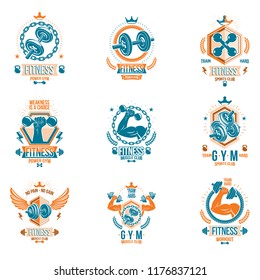 Set of vector fitness workout and weightlifting gymnasium theme logotypes and inspiring posters made using dumbbells, disc weights sport equipment and muscular athlete body silhouettes.