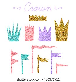 Set of vector flags and crowns isolated on white background. Vector hand drawn elements with glitter for your design.