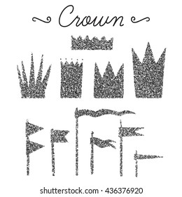 Set of vector flags and crowns isolated on white background. Vector hand drawn elements with glitter for your design.