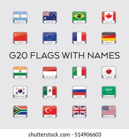 A set of vector flags for the entire group of G20 nations housed in carriers with names. These countries make up the top economies in the world.