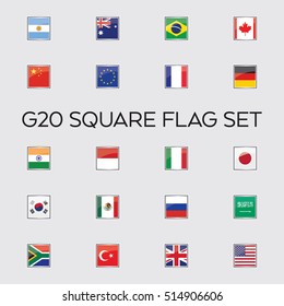 A set of vector flags for the entire group of G20 nations housed in square carriers. These countries make up the top econimies in the world.