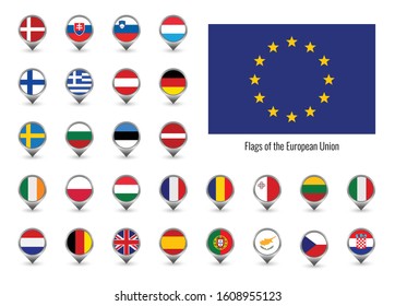 Set of vector flags of the European Union. Big Collection symbols flags. Isolated on white. a point on the map with the flag of the EU country.
