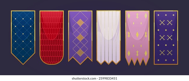 Set of vector flags with heraldry elements. Template of flag canvas in golden frame with pattern. Tournament royal pennant, vertical banner, decorative ornament, medieval symbols, geometric grid.