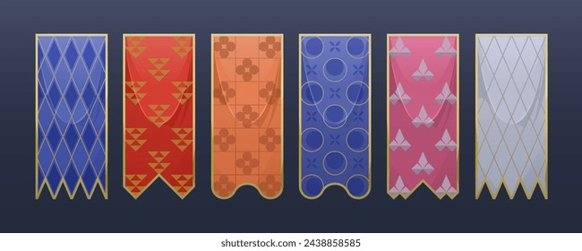 Conjunto de indicadores vectoriales. Bandera de tela plegada vertical en un marco dorado. Plantilla de bandera medieval, banderín real. Bandera vertical decorativa o banner con elementos heráldicos. Bandera del torneo con un patrón.