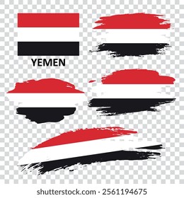 Set of vector flags of Yemen. Yemen flag painted with a brush. Flag in grunge style.